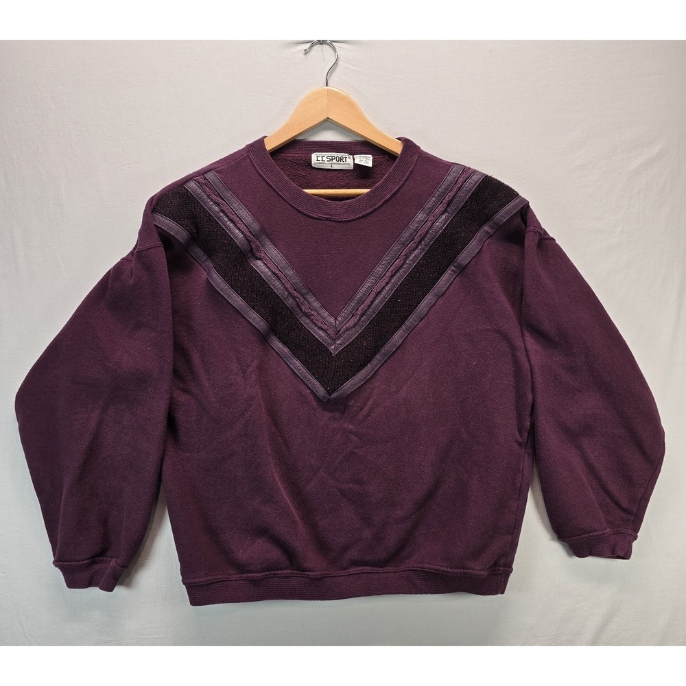 VTG 80s CC Sport Sweatshirt Large Purple Chevron Faux Leather Knit Made In Korea